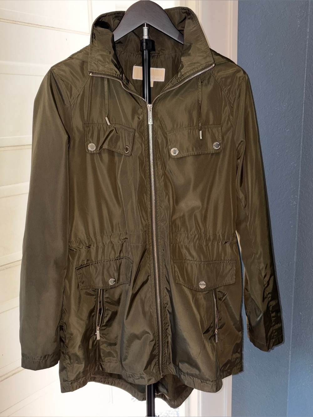 Michael Kors Olive Green Fall Jacket with Gold Logo Buttons